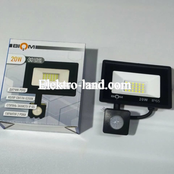 LED прожектор Biom 20W 6200К IP65 220V с датчиком движения S6-SMD-20-Slim+Sensor 